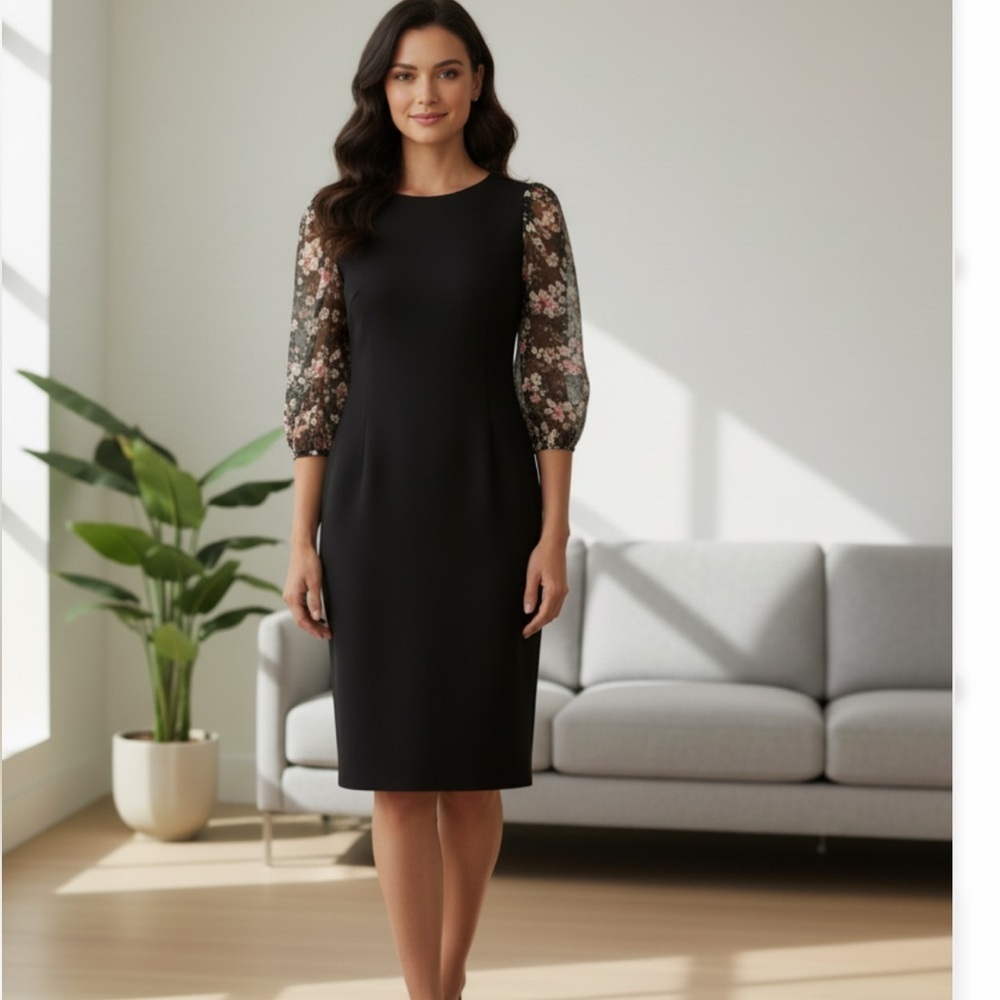 Judith & Charles Embroidered Sheer Puff Sleeves Black Sheath Dress Sz 2